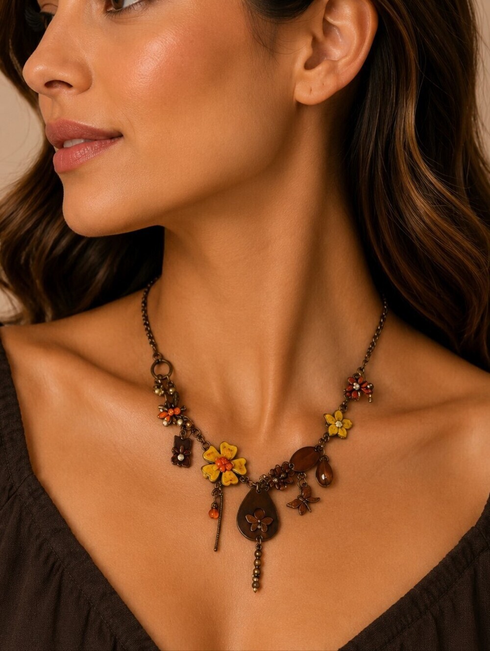 Vintage Floral Butterfly Charm Coppertone Chain Fairycore Hippie Necklace